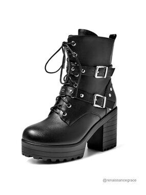 Gothic Chunky Platform Combat Boots Lace Up Side Zipper PU Leather Ankle Booties